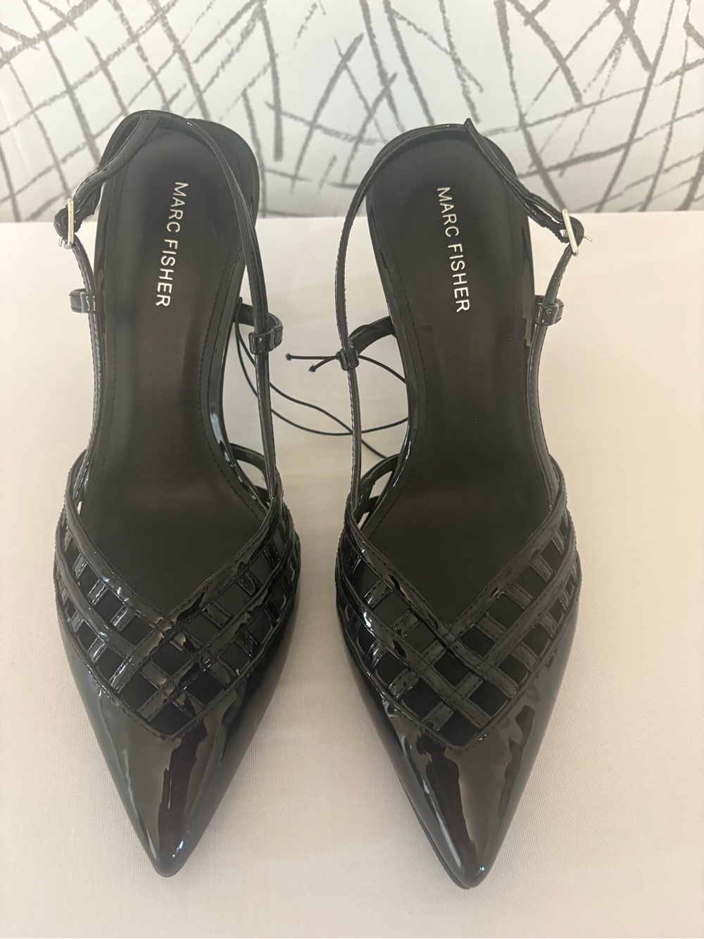 Marc Fisher Black Patent Pointed Toe Slingback Heels with Lattice Detail